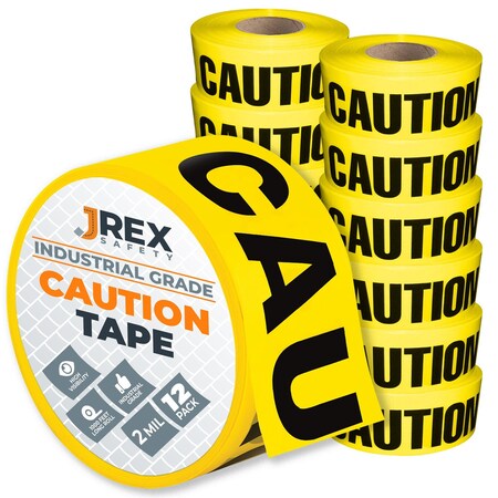 Jrex Safety Caution Tape Roll - 1000 Ft x 3 Inch Wide Each - Yellow, 12PK PCT-JR-12PK