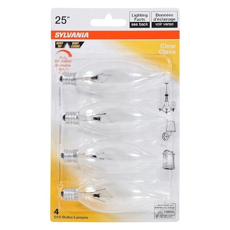Sylvania Incandescent Lamp, 25 W, B10 Lamp, Candelabra Lamp Base, 207 Lumens, 2850 K Color Temp 13647