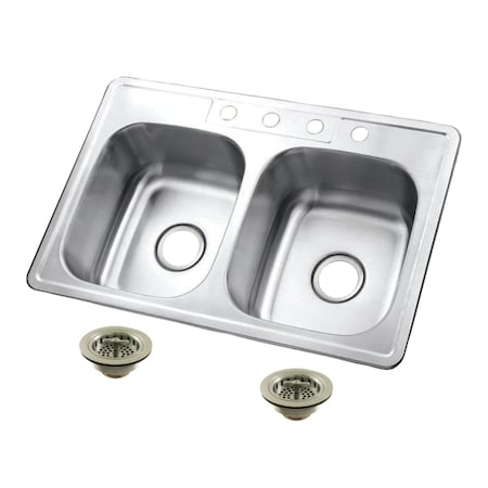 Kingston Brass 33-Inch Stainless Steel Self-Rimming Double Bowl Drop-In Kitchen Sink, 4-Hole with Strainer KGKTD332268