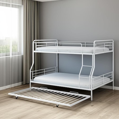 Homeroots White Full XL Over Queen Contemporary Metal Bunk Bed With Trundle 590298