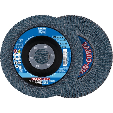 Pferd PFERD Flap Disc, 5in x 7/8, Z SGP CURVE STEELOX, 40 Grit, Medium Radius, Zirconia, 2PK 66990
