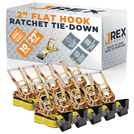 Jrex Safety 10PK HD Ratchet Straps with Flat Hooks, Yellow 2 in x 27 ft Tie Downs RTD227-JR-FH-10PK