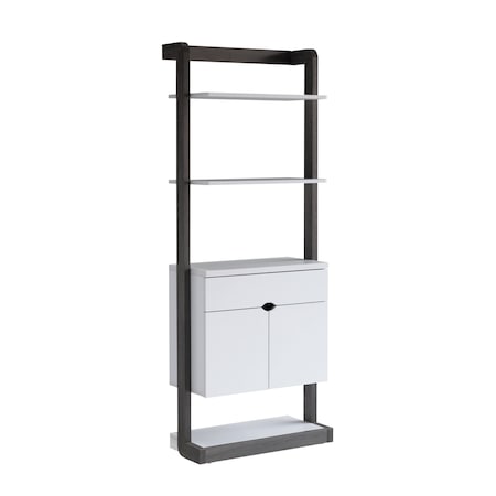 Homeroots 65" White Wood Five Tier Etagere Bookcase with Two Doors and A Drawer 630389