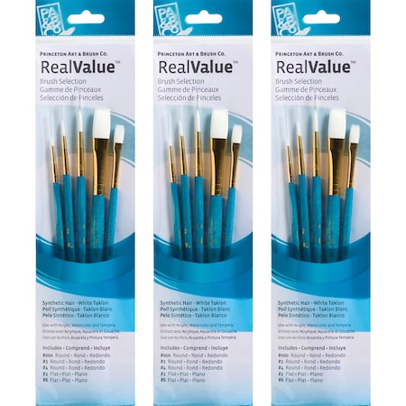 Princeton RealValue Brush Set, White Taklon Bristles, Short Handle Mixed Media Paintbrush, 5-Piece Set, 3PK PR9174
