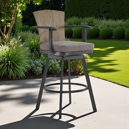 Homeroots 44" Charcoal Metal Swivel Outdoor Bar Height chair with Footrest 571169