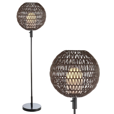 Jonathan Y Bea 61" Outdoor Woven Globe LED Floor Lamp, Coffee/Black JYL6507A
