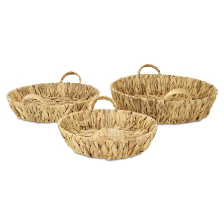 Homeroots Set of Three Natural Water Hyacinth Round Basket Trays 571501
