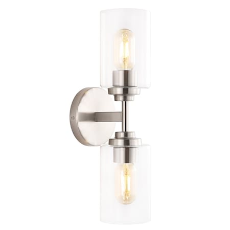 Jonathan Y Giles 16 in. 2-Light Farmhouse Industrial Iron Cylinder LED Sconce, Nickel/Clear JYL9548C