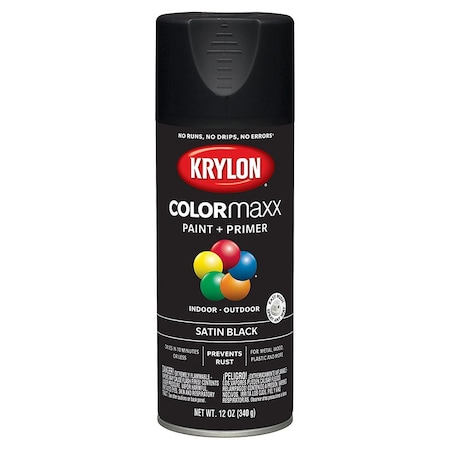 Colormaxx 12 Oz Krylon Black Paint & Primer Spray Paint, Satin K05557007