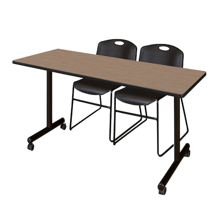 Regency Kobe Mobile T-Base Training Table W/ 2 Zeng Stack Chairs, 66 in W, 24 in L, Noble Oak MKTRCC6624NO44BK