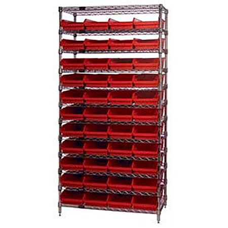 Global Industrial Chrome Wire Shelving with 44 4"H Plastic Shelf Bins Red, 36x24x74 268978RD