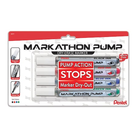 Pentel Markathon Pump Dry Erase Marker, Chisel Tip, Assorted Colors, 4PK MWL6SXBP4M