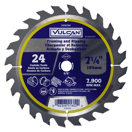 Vulcan 416021OR Circular Saw Blade, 7-1/4 in Dia, 5/8 and 13/16 Diamond in Arbor PTA250489/416021O
