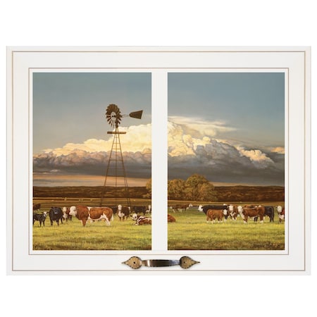 Homeroots Summer Pastures Holstein cows with windmill 1 White Framed Print Wall Art 406243