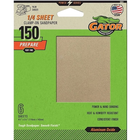 Gator Sanding Sheet, 4-1/2 in W, 5-1/2 in L, 150 Grit, Fine, Aluminum Oxide Abrasive, Paper Backing 5031