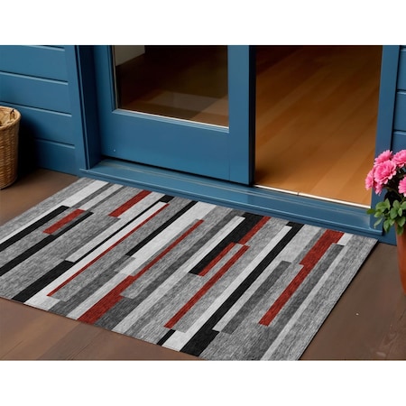Homeroots 3' X 5' Gray Black And Red Striped Washable Indoor Outdoor Area Rug 613272