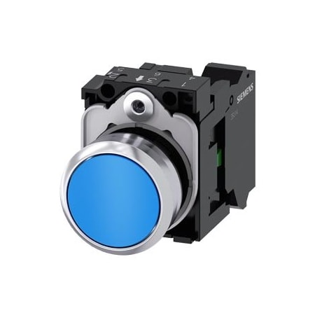 Siemens Pushbutton, 22 mm, round, metal, shiny, blue, pushbutton, flat 3SU1150-0AB50-3BA0-ZY10