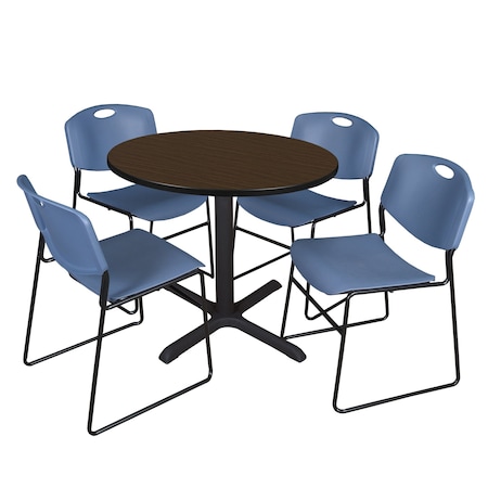 Regency Round Cain Breakroom Table W/ 4 Zeng Stack Chairs, 36 in W, 36 in L, Neo Walnut TB36RNDNW44BE