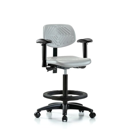 Blue Ridge Ergonomics Poly Chair-High Bench Ht with Seat Tilt, Adjustable Arms, Black Foot Ring, & Casters in Gray Poly PHBCH-RG-T1-A1-BF-RC-GRY