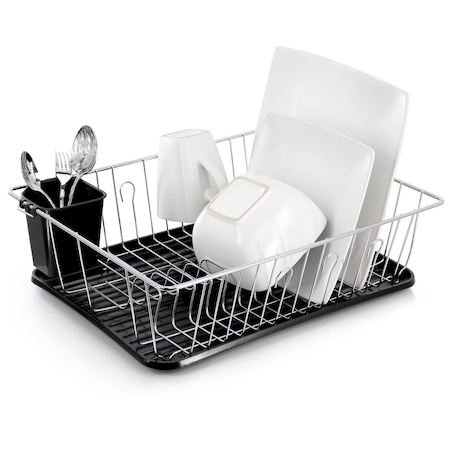 Megachef 16 Inch Chrome Plated and Plastic Counter Top Drying Dish Rack in Black DR-180
