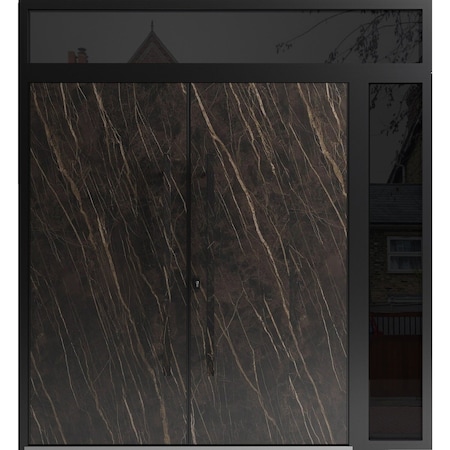 Vdomdoors Aluminum Double Doors Dekton 0118 Natural Noir / 1 Sidelight and Top Transom Entry Door Painted (W8 DEKTON0118DEXD-NOIR-W72+12xH80+12-RH-O
