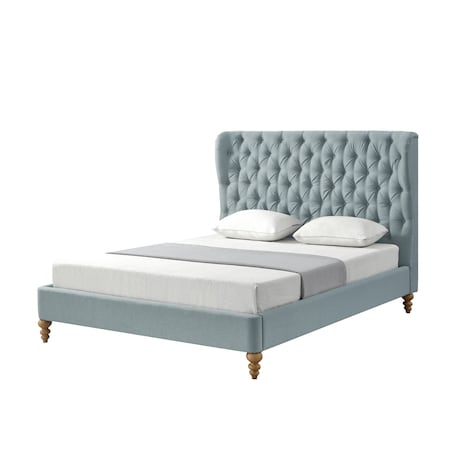 Homeroots Blue Solid Wood King Tufted Upholstered Linen Bed 544875
