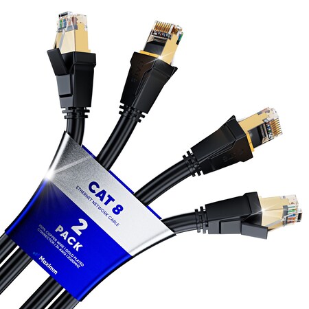 Maximm 3ft Cat8 Double Shielded Ethernet Cable with Gold-Plated RJ45, 2PK, Black, 2PK C8-3FT-BLACK-2PK