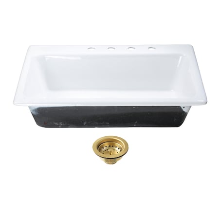Kingston Brass 33-Inch Cast Iron Self-Rimming Single Bowl Drop-In Kitchen Sink, 4-Hole with Strainer KGCKTS332297
