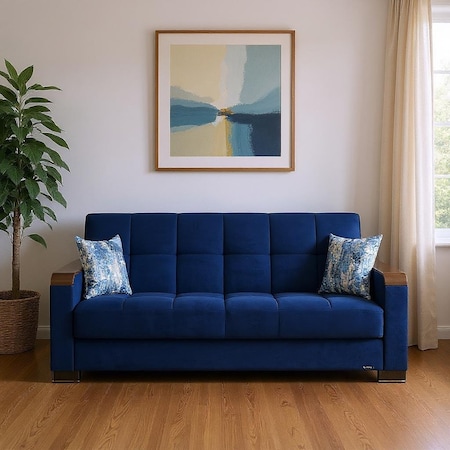 Homeroots 87" Blue Microfiber Convertible Futon Sleeper Sofa And Toss Pillows With Storage 607098