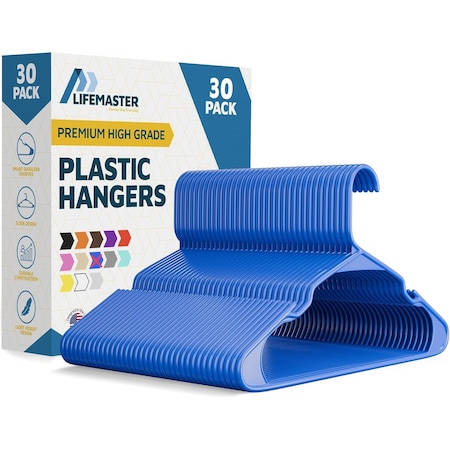 Lifemaster Heavy-Duty Plastic Clothes Hangers, Non-Slip Grooves, Space-Saving, Blue, 30PK LMPLCBLU30