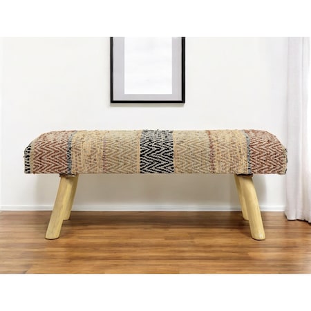 Homeroots 47" Brown And Natural Cotton And Wool Upholstered Striped Bench 548257