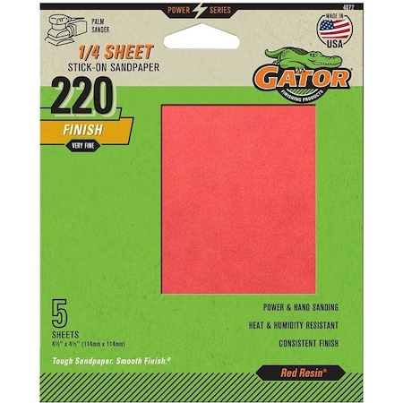 Gator Sanding Sheet, 4-1/2 in L, 4-1/2 in W, Extra Fine, 220 Grit, Aluminum Oxide Abrasive 4072