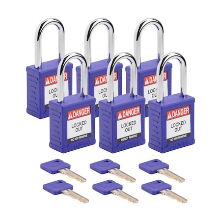 Brady Velocity Lockout Padlocks Nylon 1.5in Shackle Clearance KA Purple 6PK SDPL-PRP-38ST-KA6