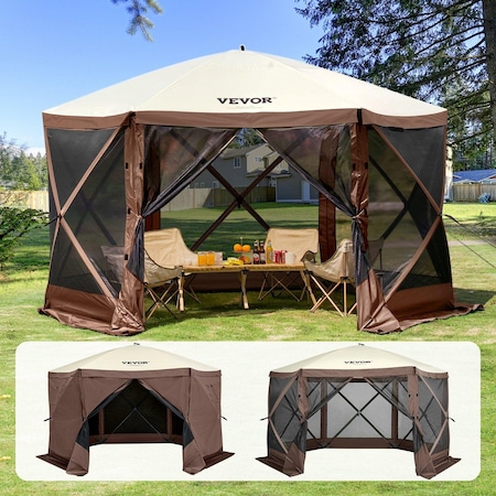 Vevor Pop Up Gazebo Tent Pop-Up Screen Tent 6 Sided Canopy Sun Shelter Brown FY-005