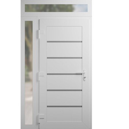 Vdomdoors Front Exterior Prehung Metal-Plastic Door, Manux 8415 White Silk, Side and Top Sidelite Transom, Of MANUX8415EXD-WS-W36+14xH80+14-RH