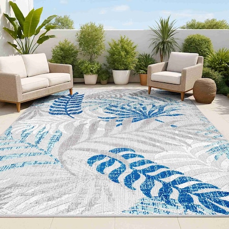 Jonathan Y Tropics Palm Leaves Gray/Blue 8 ft. x 10 ft. Indoor/Outdoor Area Rug AMC100A-8