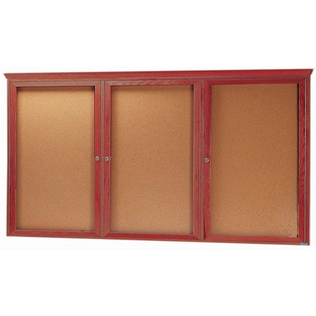 Aarco Enclosed Bulletin Board and Cherry Stained Red Oak Frame and Crown Molding, 48''Hx96''W, Three Door CBC4896RC