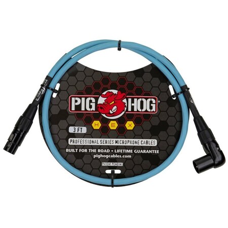 Pig Hog Hex Series Right Angle Mic Cable, 3-Feet - Daphne Blue PHMH3DBR