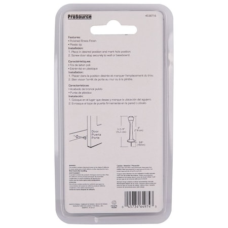Prosource Heavy-Duty Rigid Door Stop, 1 in Dia Base, 3 in Projection, Die-Cast Zinc & Plastic CL-208C-PB-PS