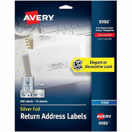 Avery Dennison Ink Jet Silver Foil Labels, Mail, 3/4x2-1/4in 300/PKin 8986