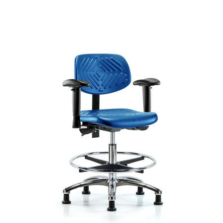 Blue Ridge Ergonomics Poly Chair Chrome, Med Bench, Tilt, Arms, Foot Ring, Glides, Blue BR-PMBCH-CR-T1-A1-CF-RG-BLU