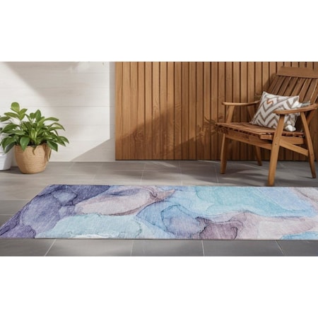 Homeroots 8' Runner Blue Abstract Washable Non Skid Indoor Outdoor Runner Rug 559659