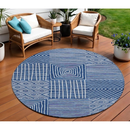 Homeroots 8' Navy Blue And Ivory Round Geometric Washable Indoor Outdoor Area Rug 600758