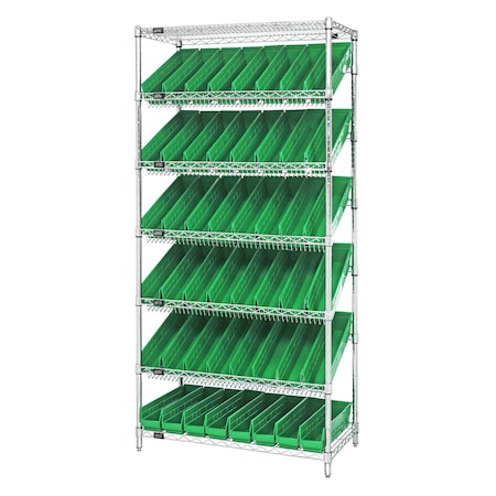 Quantum Storage Systems WIRE SHELVING UNIT W/48 GREEN BINS WRS-7-103GN