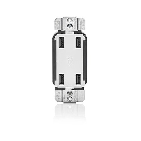 Leviton 4-Port USB Charging Receptacle, 4.2 Amp, 125 Volt, 25 Watt, White USB4P-W