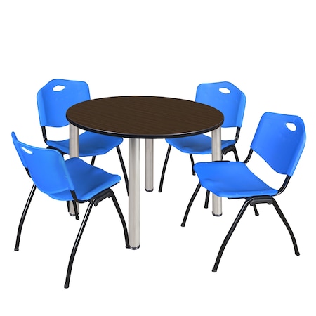 Regency Round Kee Breakroom Table W/ 4 M Stack Chairs, 42 in W, 42 in L, Neo Walnut TB42RNDNWBPCM47BE