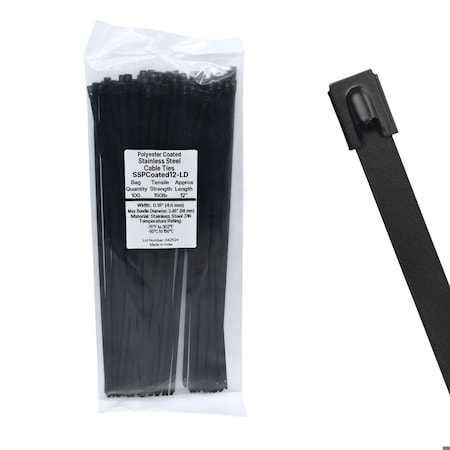 Cable Ties Unlimited Cable Tie, 12 in L, 150 lb Strength, 3.3 in Max Bundle Dia, Coated 316 Stainless Steel, Black, 100PK SSPCoated12-LD