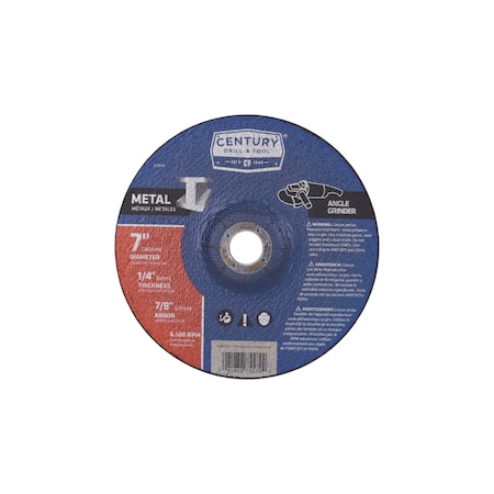 Century Drill & Tool Metal Grinding Wheel, Type 27, 7 in Dia, 1/4 in Thick, 7/8 in Arbor Hole Size, Aluminum Oxide 75574