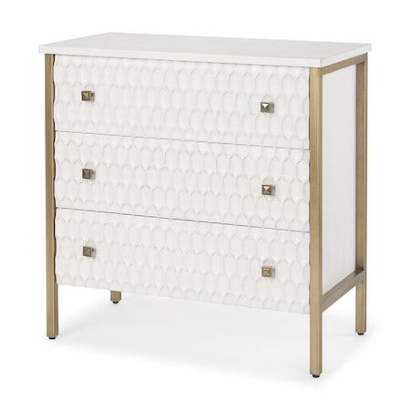 Homeroots 32in White and Gold Wood and Metal Carved Geometric Accent Cabinet With Three Drawers 611039