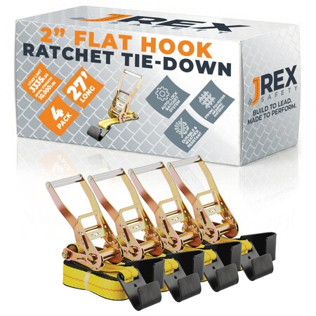 Jrex Safety 4PK HD Ratchet Straps with Flat Hooks, Yellow 2 in x 27 ft Tie Downs RTD227-JR-FH-4PK